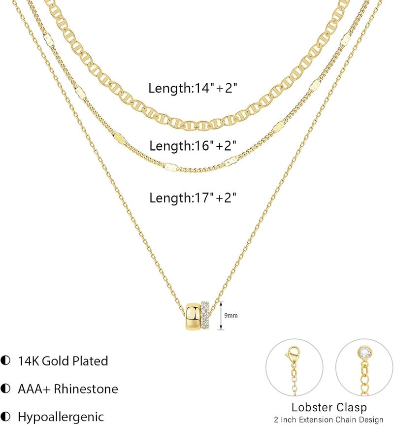 OGD Store Layered CZ Rondelle Pendant Necklaces for Women, 14K Gold Plated Trendy Mariner Chain Dainty Circle Rondelle Pendant Choker Necklace for Women Two-Toned Cubic Zirconia Gold Necklace - Image 3